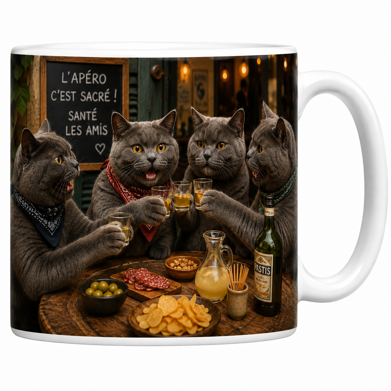 Mug chats apéro en céramique blanche, quatre chartreux qui trinquent, ardoise L'apéro c'est sacré santé les amis