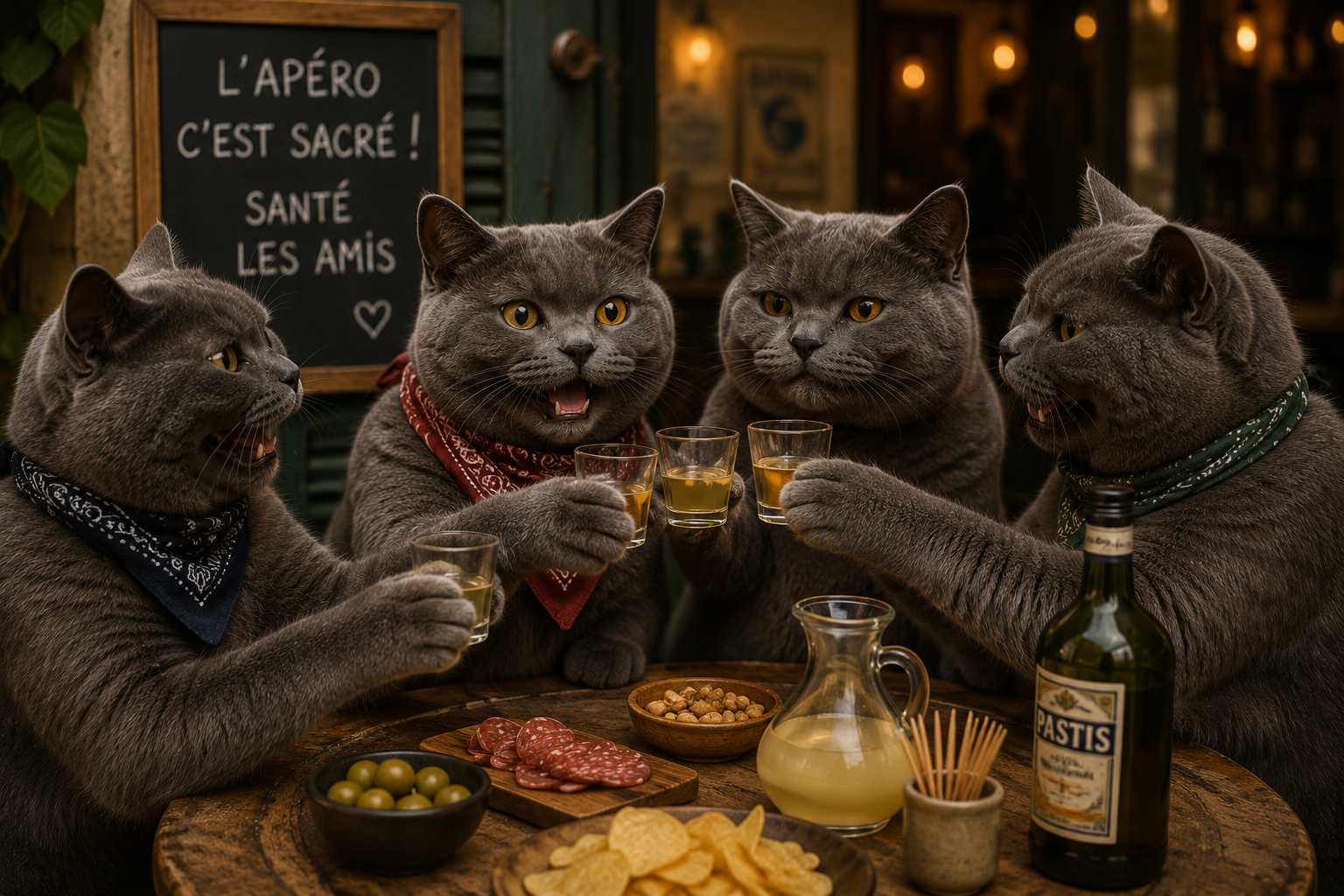Visuel chats apéro : quatre chartreux en bandana trinquent en terrasse, olives, saucisson, pastis et ardoise à cœur