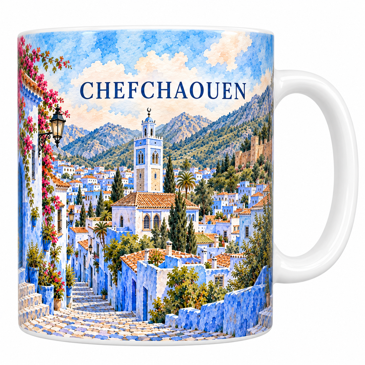 Mug en céramique blanche 330 ml illustré à l'aquarelle de Chefchaouen : les ruelles bleues, le minaret et les montagnes du Rif