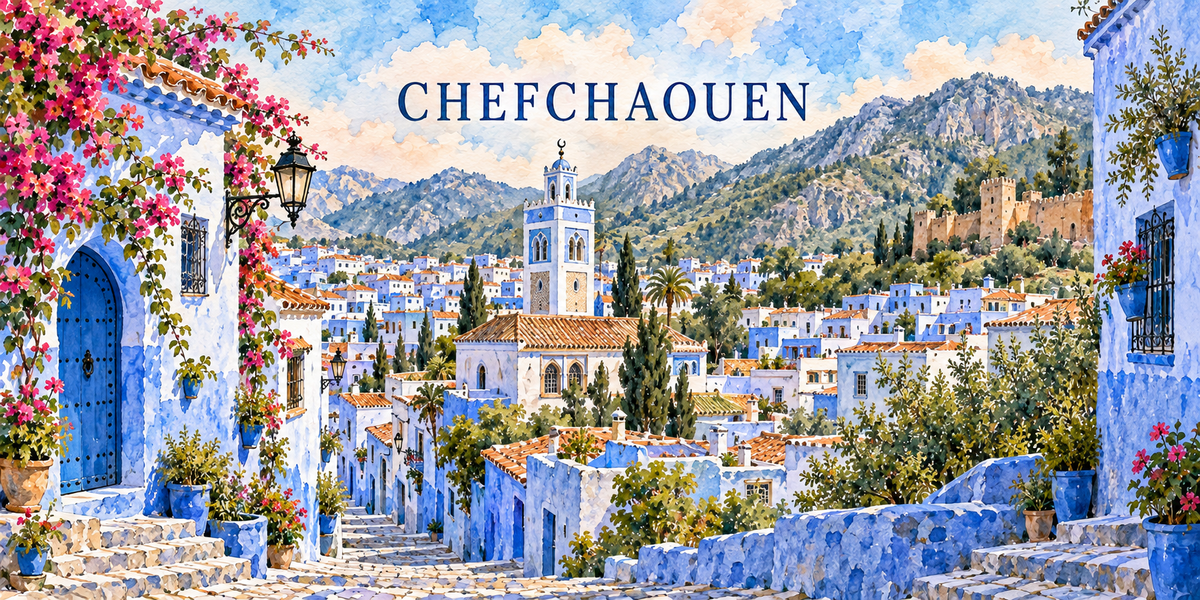 Illustration aquarelle de Chefchaouen : une porte bleue cintrée, la ruelle en escalier et ses pots de fleurs, les murs bleus et blancs, le minaret octogonal et les montagnes du Rif