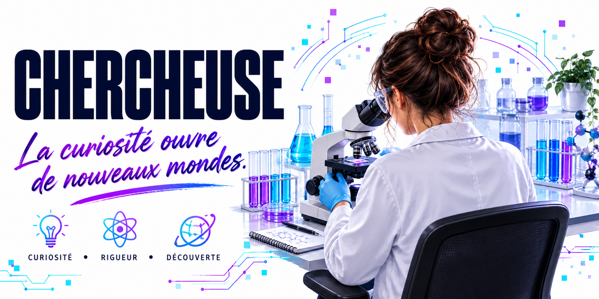 Visuel chercheuse : le mot CHERCHEUSE en capitales bleu marine sur fond blanc à circuits imprimés bleus et violets, la phrase manuscrite violette La Curiosité Ouvre de Nouveaux Mondes, une chercheuse en blouse blanche, chignon et gants bleus, assise de trois quarts dos, œil au microscope, portoirs de tubes à essai bleus et violets, flacons, modèle moléculaire à sphères et plante verte, trois pastilles — curiosité, rigueur, découverte
