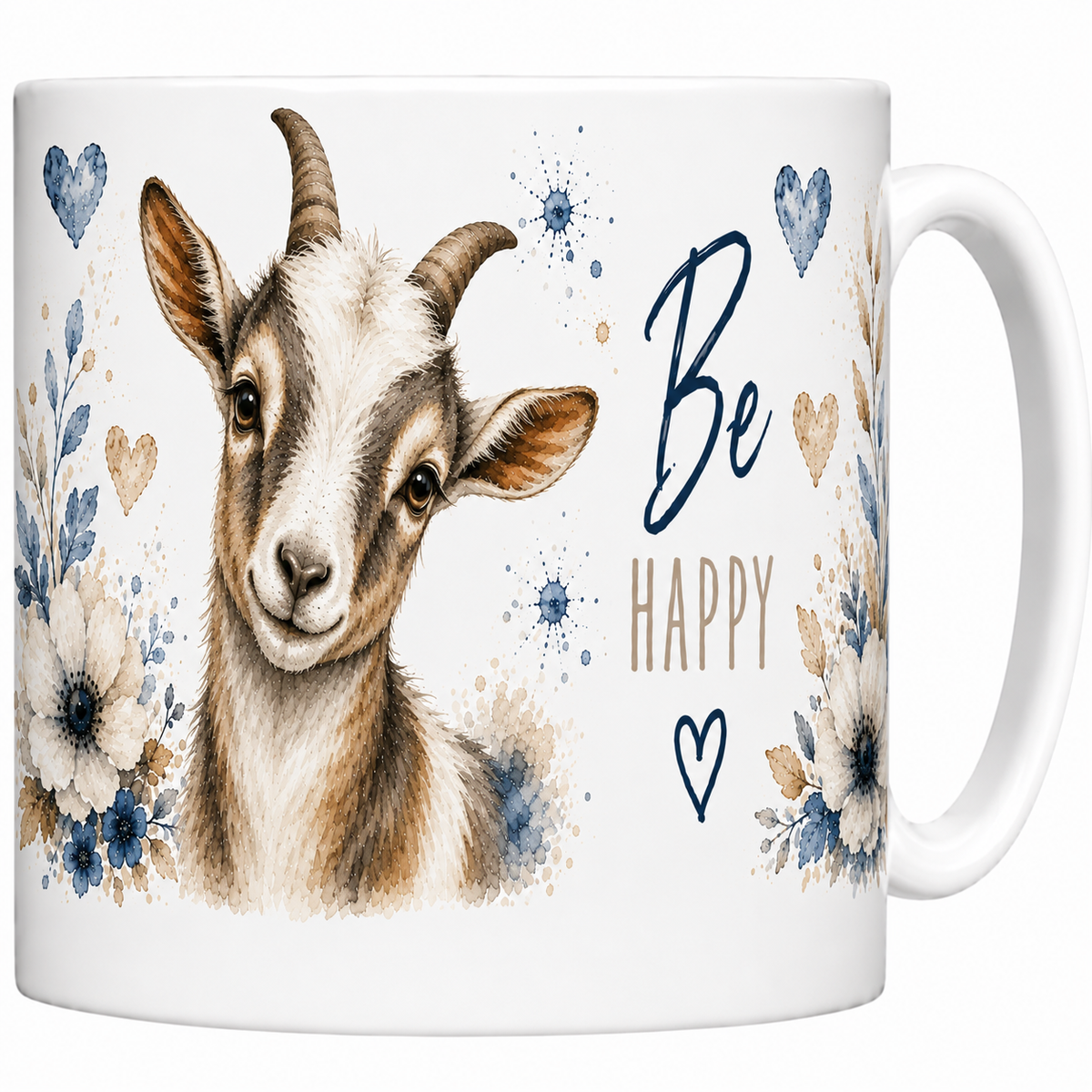 Mug céramique 330 ml chèvre Be Happy : chevrette aux cornes naïves, fleurs bleues et petits cœurs