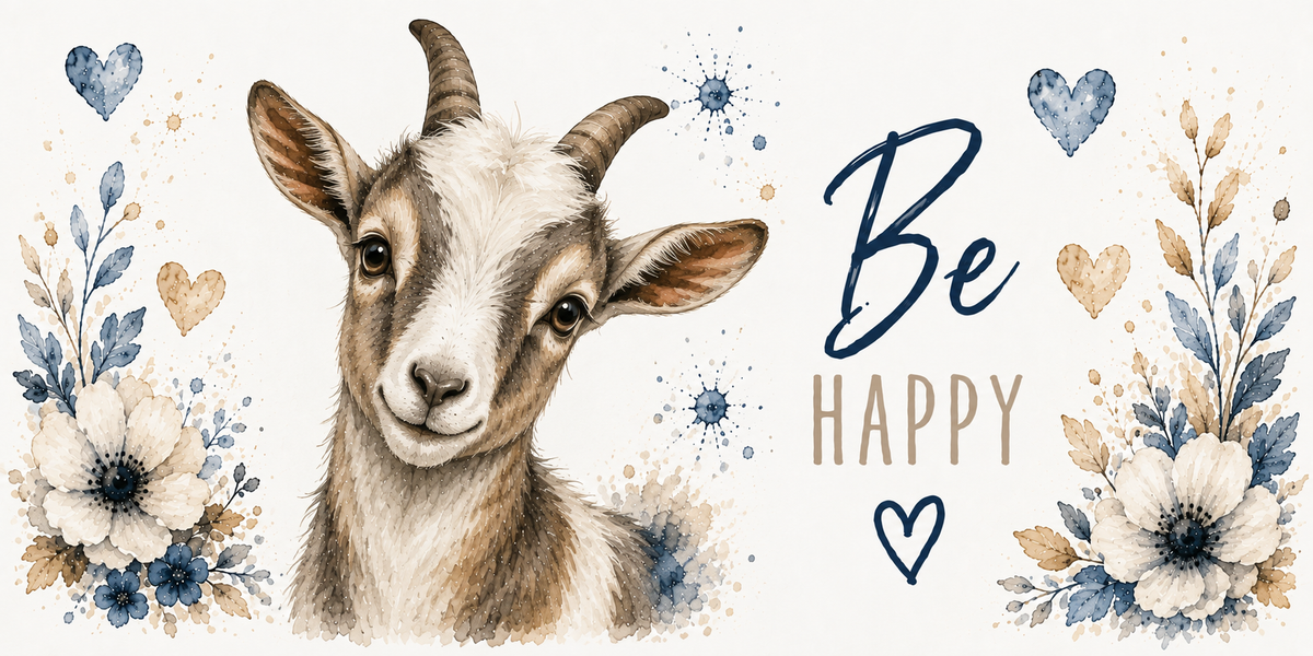 Visuel chèvre Be Happy : jeune chèvre blanche au regard malicieux, fleurs bleues et cœurs aquarelle