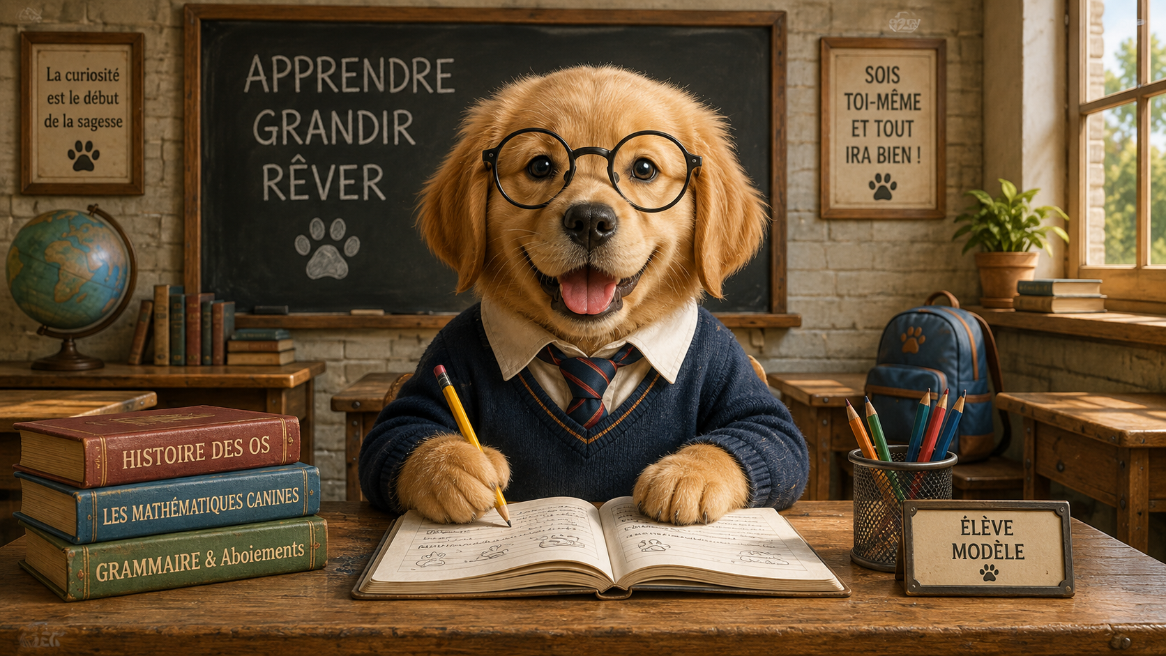 Visuel chien élève modèle : chiot écolier attentif et devise Apprendre grandir rêver au tableau