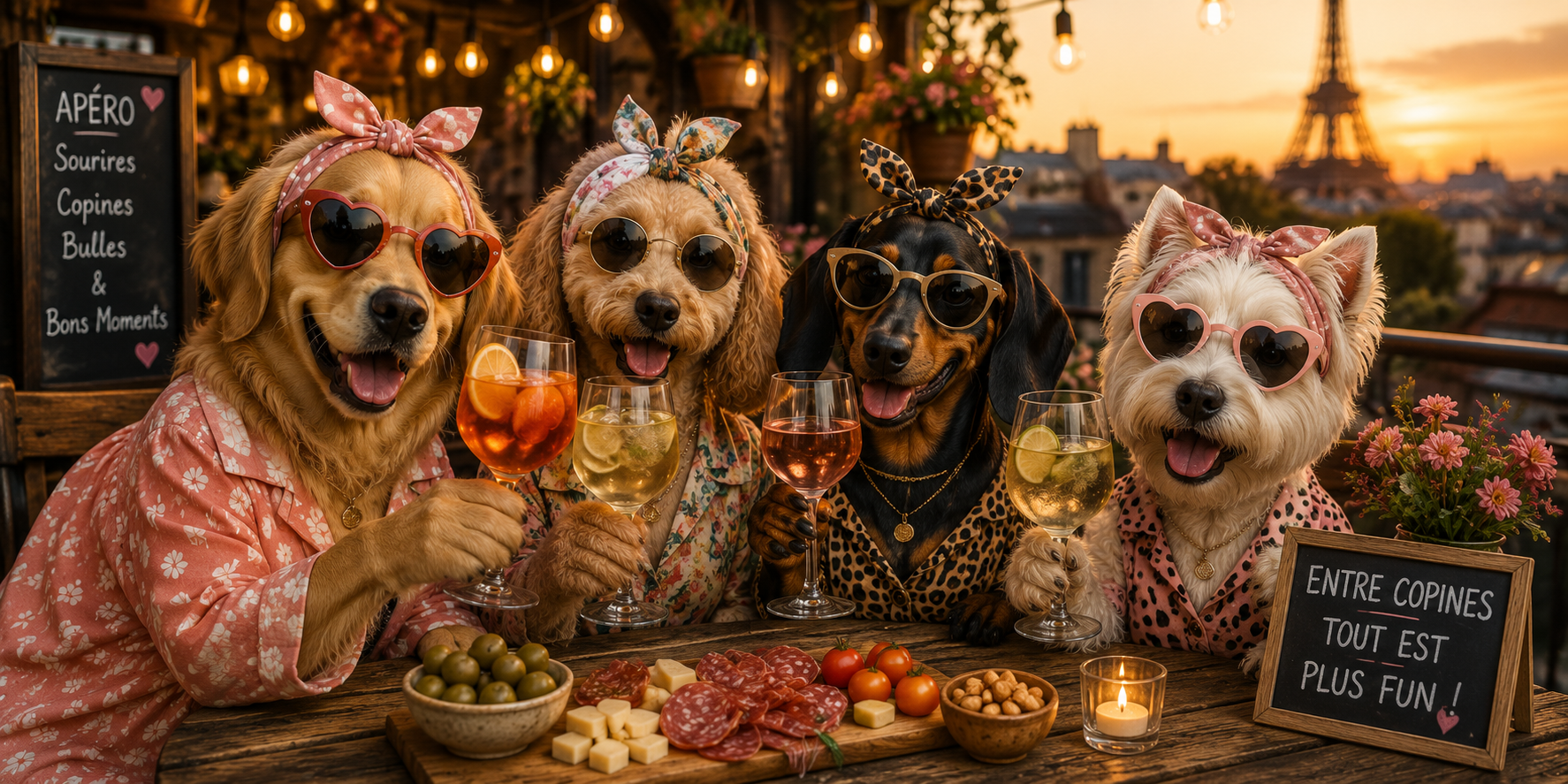 Visuel chiennes apéro entre copines : spritz, lunettes cœur et ardoise Apéro sourires copines bulles et bons moments