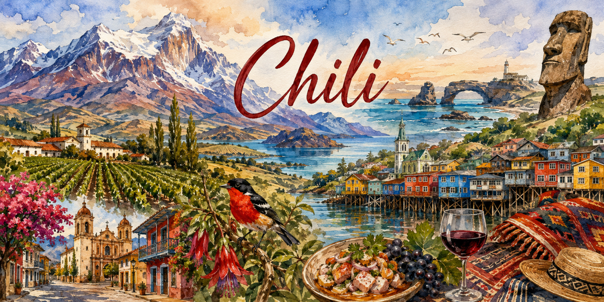 Visuel Chili aquarelle : Andes, moaï, Valparaíso coloré, vin rouge, vignobles et arche rocheuse