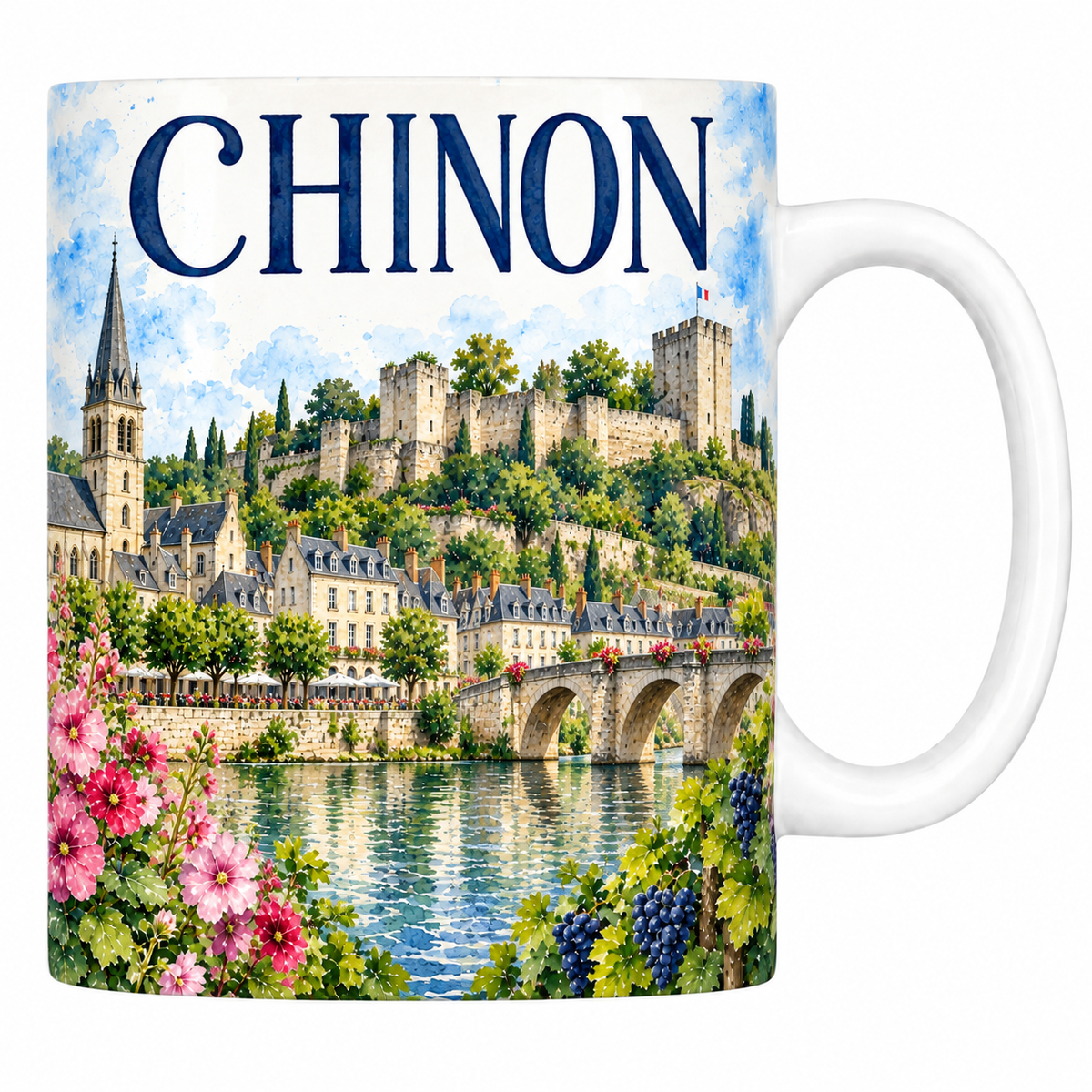 Mug céramique 330 ml Chinon : la forteresse royale au-dessus de la Vienne en aquarelle