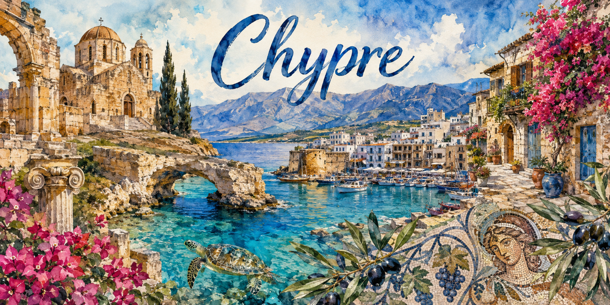 Aquarelle Chypre : colonnades gréco-romaines, monastère byzantin, arche de pierre et mosaïque