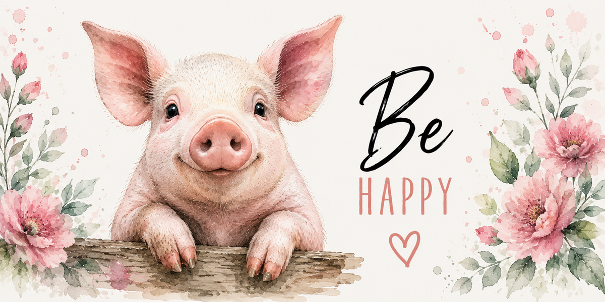 Visuel cochon Be Happy : porcelet rose aux grandes oreilles accoudé à une planche de bois, fleurs roses