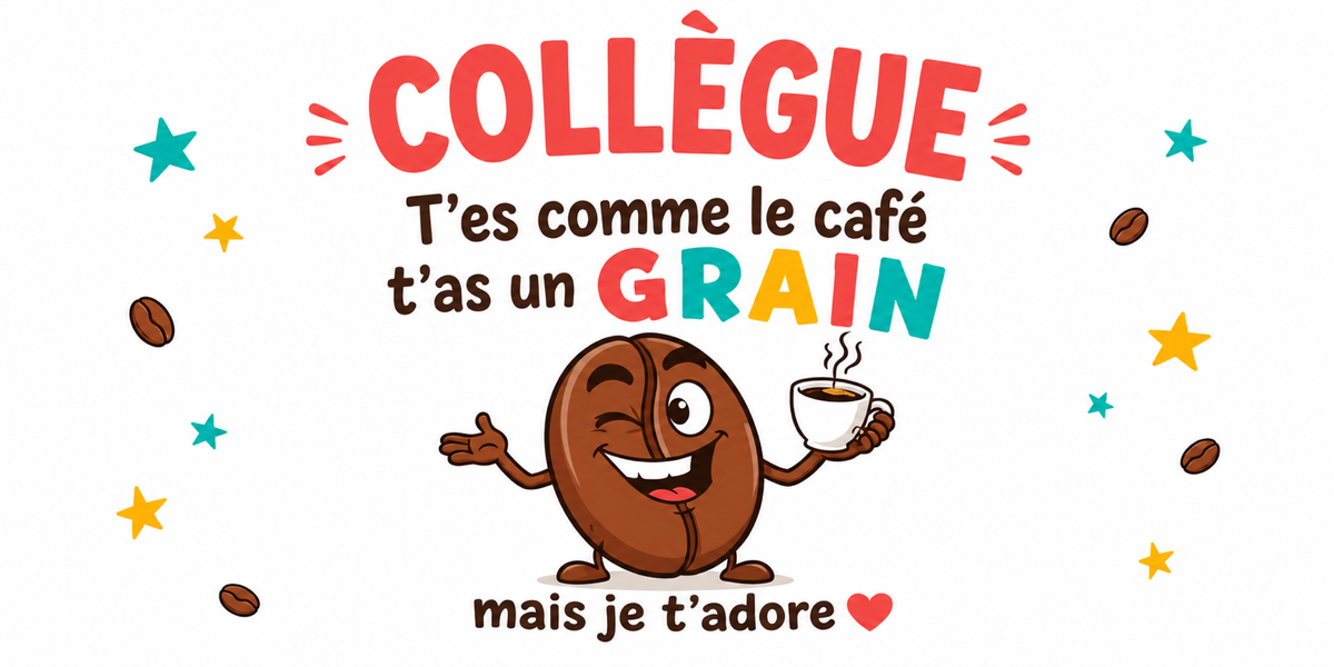 Visuel Collègue humour : COLLÈGUE en lettres corail, grain de café à la tasse et étoiles