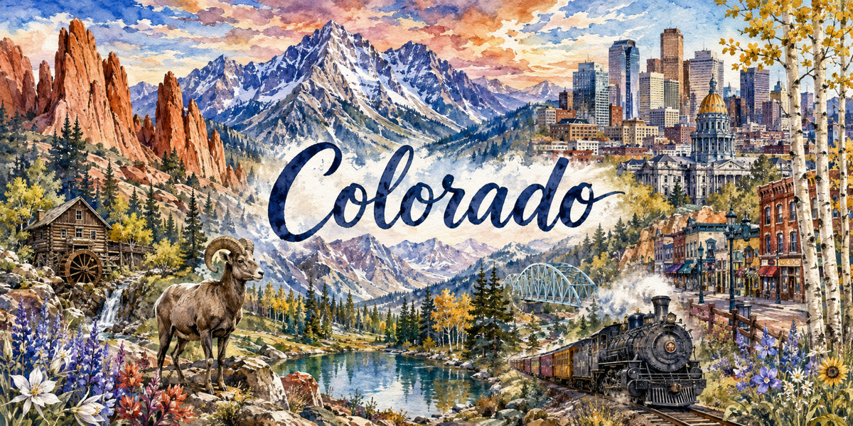 Visuel Colorado aquarelle : Garden of the Gods, Rocheuses, train à vapeur, mouflon et ancolies bleues
