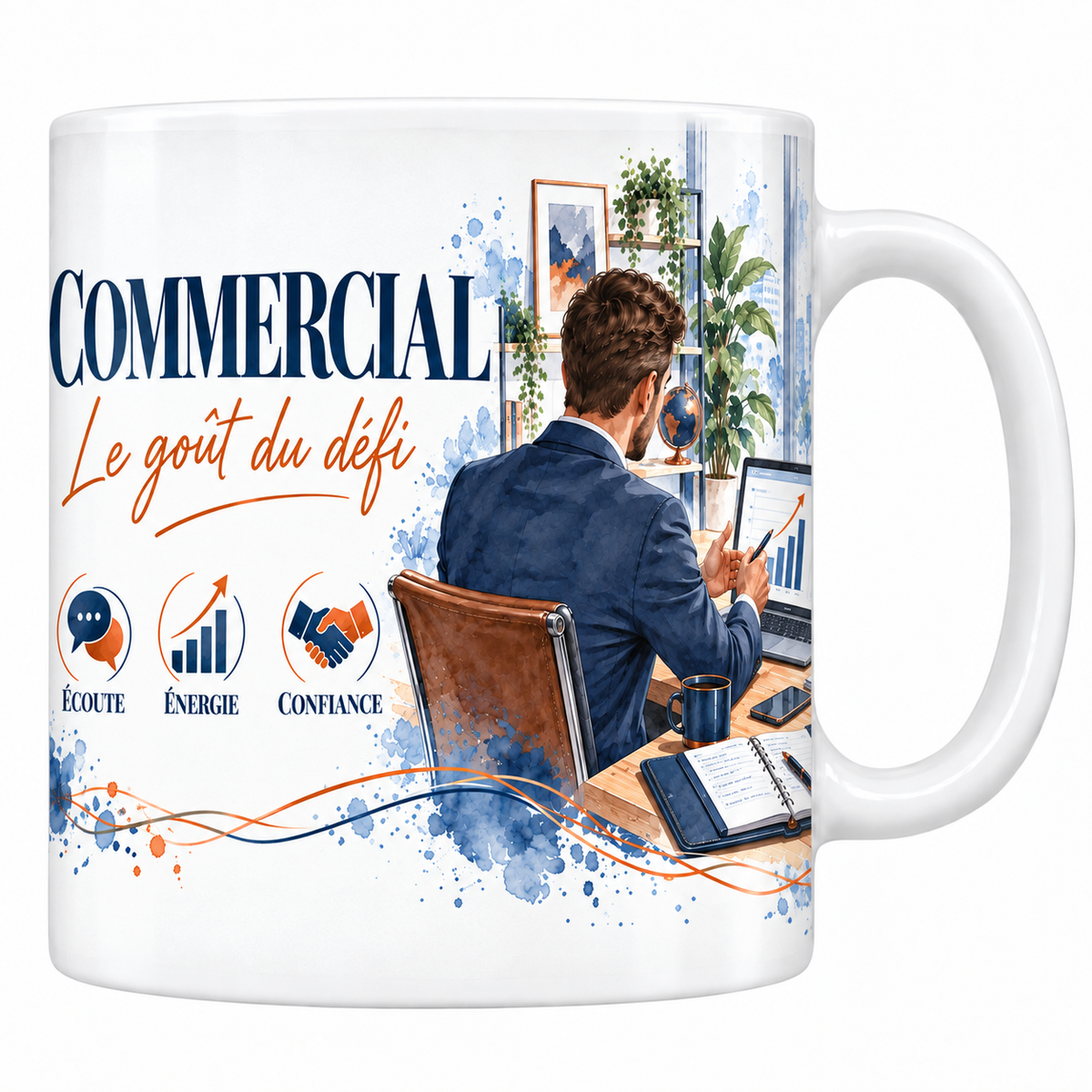 Mug commercial en céramique blanche 330 ml, aquarelle bleu marine et cuivre, le mot COMMERCIAL en grand et la mention manuscrite Le Goût du Défi, un commercial assis de dos face à une cliente, trois valeurs écoute, énergie, confiance