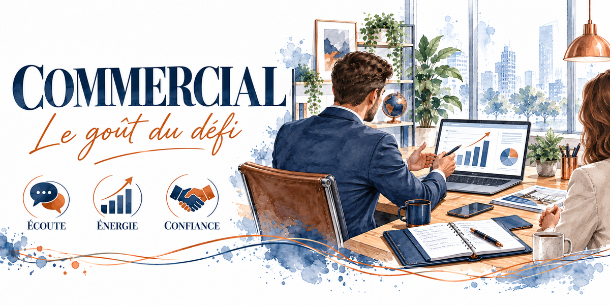 Aquarelle commercial : le mot COMMERCIAL en capitales bleu marine et la mention manuscrite orange Le Goût du Défi, un commercial en costume bleu marine assis de trois quarts dos à une table de réunion, une cliente assise en face, ordinateur portable affichant des graphiques de vente, agenda ouvert et stylo, tasse et globe, plantes, suspension cuivrée, baies vitrées sur les tours de la ville, trois pastilles — écoute, énergie, confiance