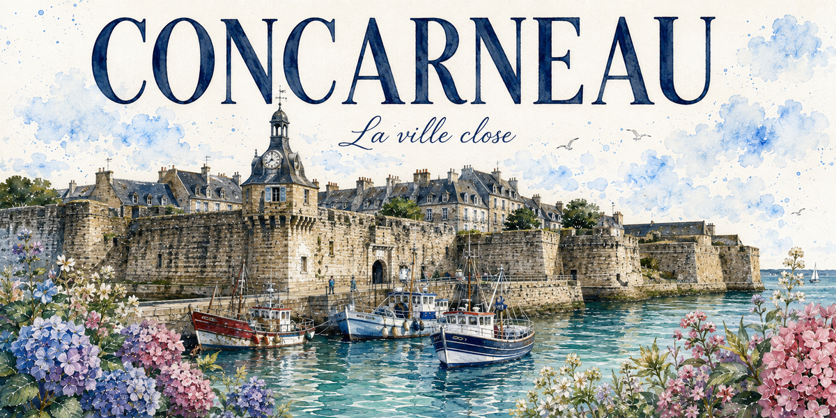 Visuel aquarelle « CONCARNEAU — La ville close » : remparts de granit, tour, bateaux bleus et hortensias
