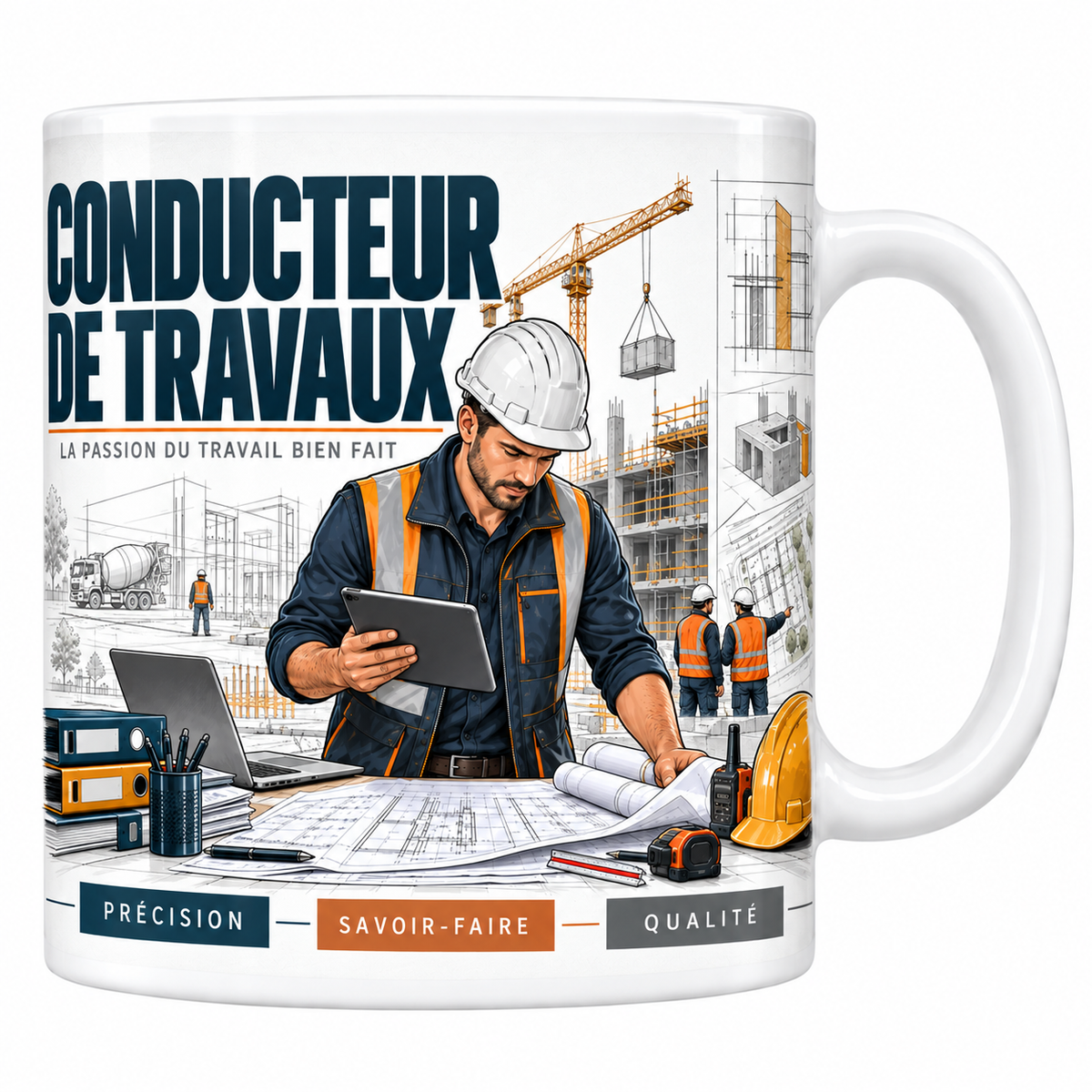 Mug conducteur de travaux en céramique blanche 330 ml, illustration d'un conducteur de travaux casqué tablette en main devant des plans et un chantier, titre CONDUCTEUR DE TRAVAUX bleu marine