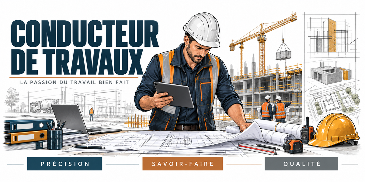 Illustration conducteur de travaux : homme en casque blanc et gilet orange consultant une tablette au-dessus de plans déroulés, ordinateur portable, classeurs, casque posé et grues jaunes
