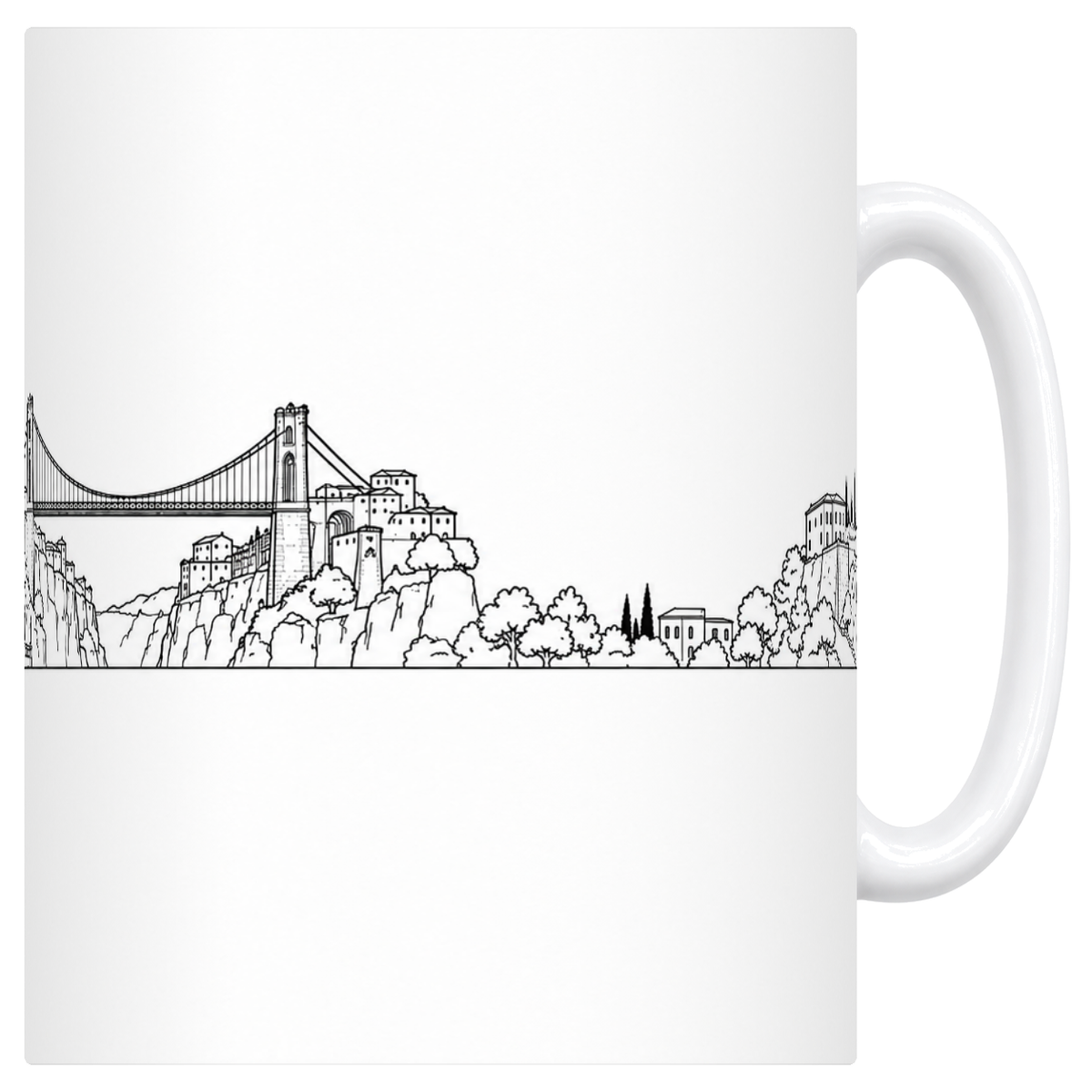 Mug blanc en céramique 330 ml illustré du skyline de Constantine au trait noir : l'arc du monument aux morts, le pont suspendu de Sidi M'Cid, la ville sur sa falaise et le palais aux cyprès