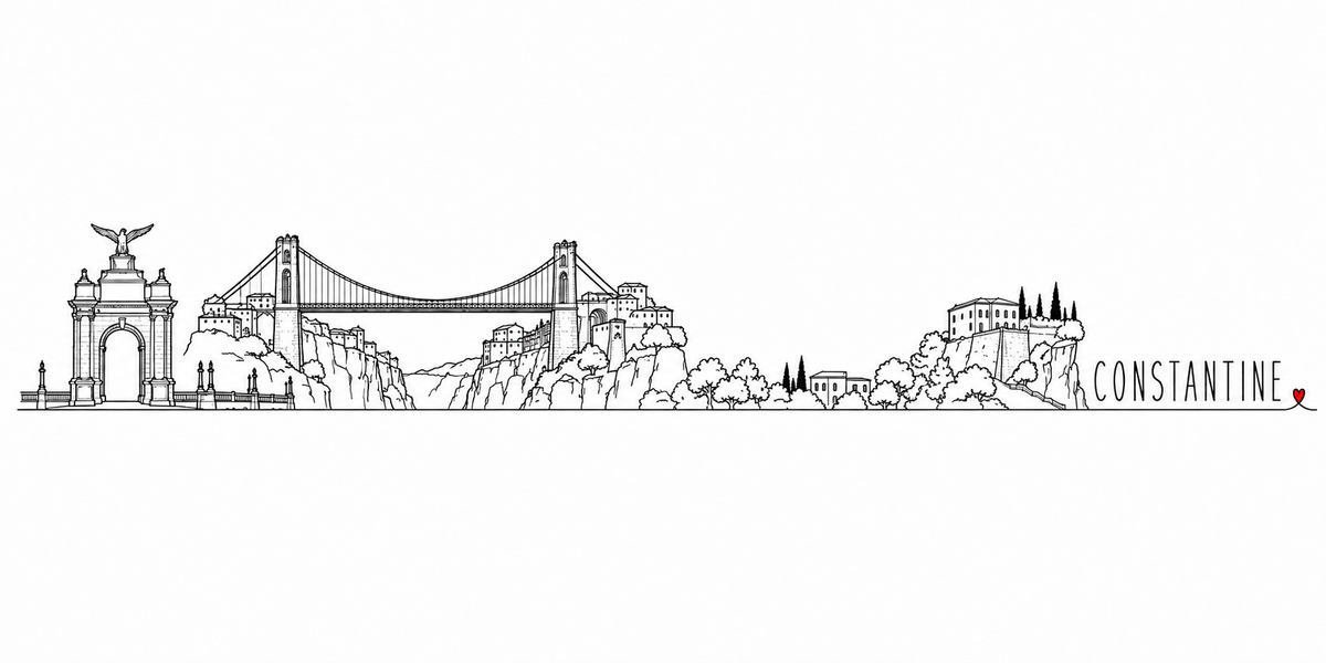 Skyline de Constantine dessiné au trait noir continu, de gauche à droite : l'arc du monument aux morts et sa Victoire ailée, le pont suspendu de Sidi M'Cid entre ses deux pylônes, la vieille ville accrochée à la falaise, les arbres et les maisons du ravin, le palais sur son promontoire et ses cyprès — avec le nom CONSTANTINE en capitales espacées et un petit cœur rouge