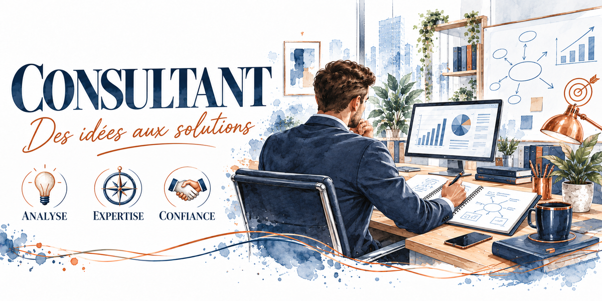 Aquarelle consultant : le mot CONSULTANT en capitales bleu marine et la mention manuscrite orange Des Idées aux Solutions, un consultant en costume bleu marine assis de trois quarts dos, la main au menton devant un écran de diagrammes circulaires et d'histogrammes, carnets de schémas et croquis, tasse bleue et pot à crayons, tableau blanc mural avec un schéma en étoile et une cible, plantes et lampe cuivrée, trois pastilles — analyse, expertise, confiance