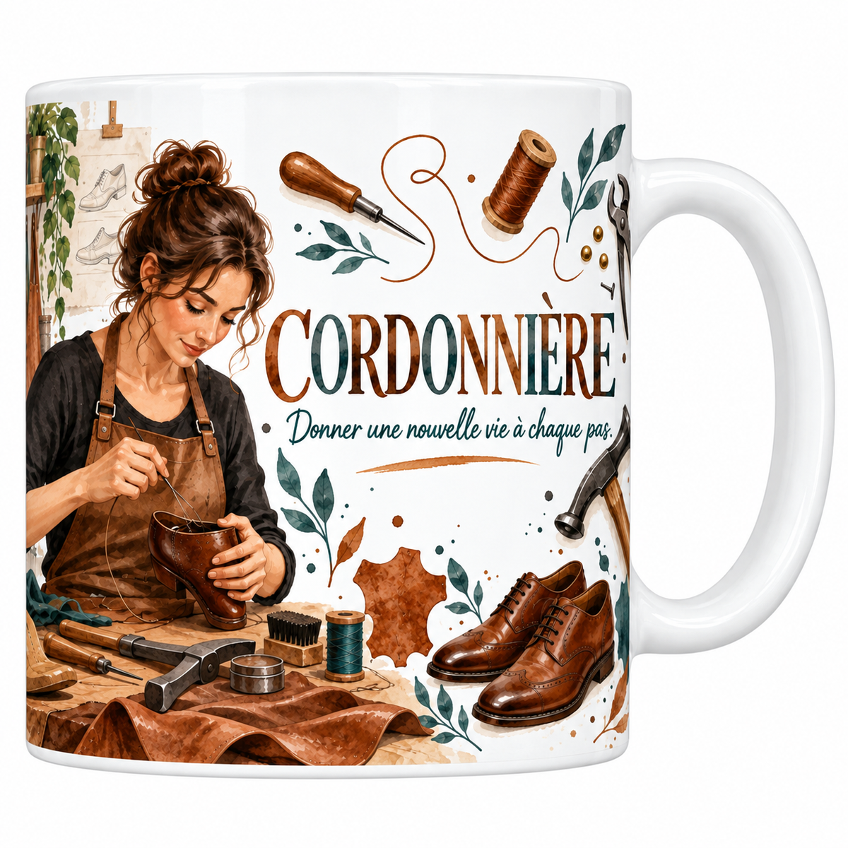 Mug cordonnière en céramique blanche 330 ml, le mot CORDONNIÈRE en grandes capitales brun cuivré et vert sapin, la devise manuscrite Donner une nouvelle vie à chaque pas, une bobine de fil, une alêne et des tenailles, une cordonnière en tablier de cuir cousant à son établi