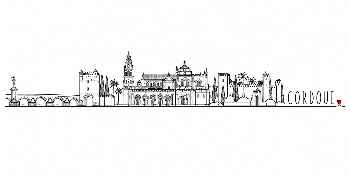 Skyline de Cordoue dessiné au trait noir continu, de gauche à droite : le pont à arches et sa colonne surmontée d'une statue d'archange, la tour crénelée de la porte fortifiée, les cyprès et les palmiers, le clocher-minaret, le long corps de la mosquée et ses arcs bicolores superposés, la coupole de la nef chrétienne, les murailles crénelées et les tours de l'alcazar, les jardins — avec le nom CORDOUE en capitales espacées et un petit cœur rouge