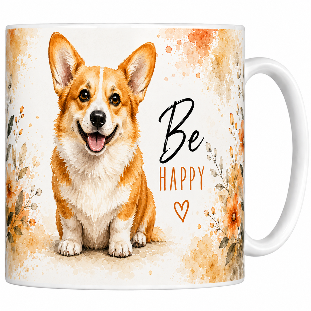 Mug céramique 330 ml corgi Be Happy : corgi assis souriant, grandes oreilles dressées, fleurs orangées