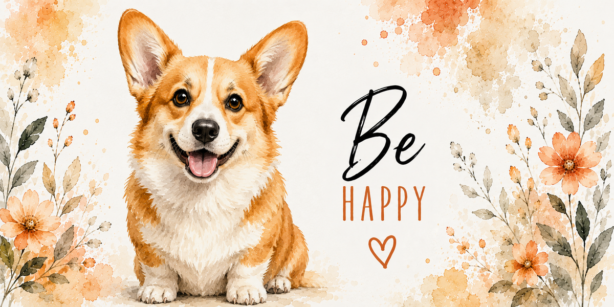 Visuel corgi Be Happy : corgi fauve et blanc assis, langue sortie, fleurs pêche et cœur orange