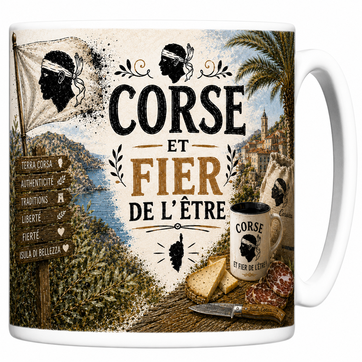 Mug Corse et fier de l'être en céramique, tête de Maure, village perché et maquis