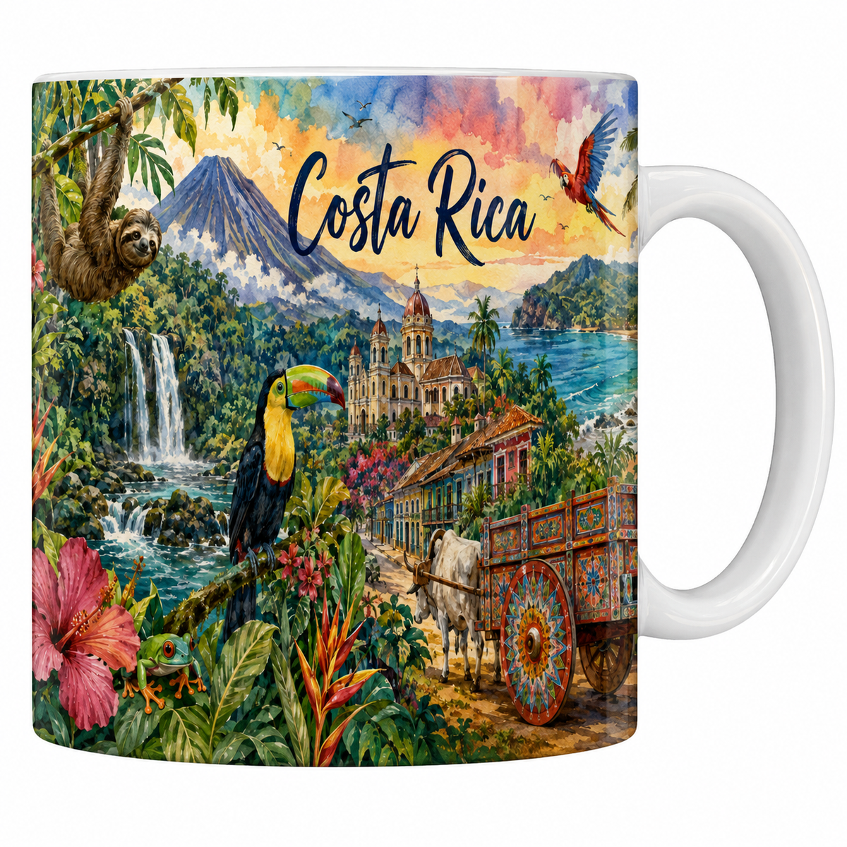 Mug céramique 330 ml Costa Rica aquarelle : paresseux, volcan Arenal et charrette à bœufs