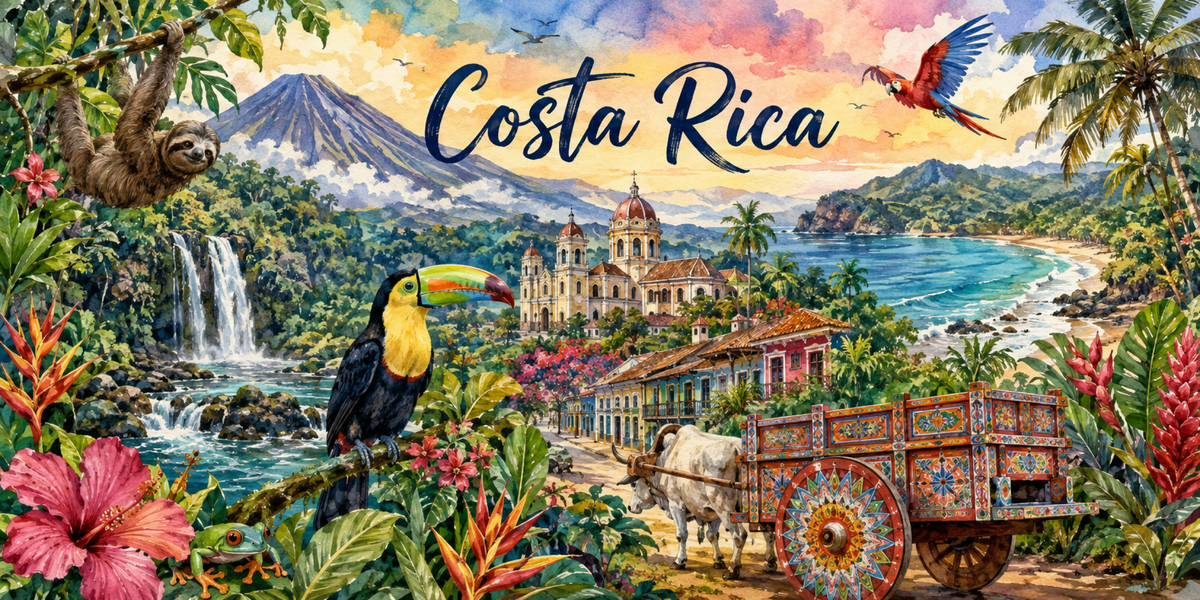 Visuel Costa Rica aquarelle : paresseux, volcan Arenal, toucan, ara rouge et charrette à bœufs