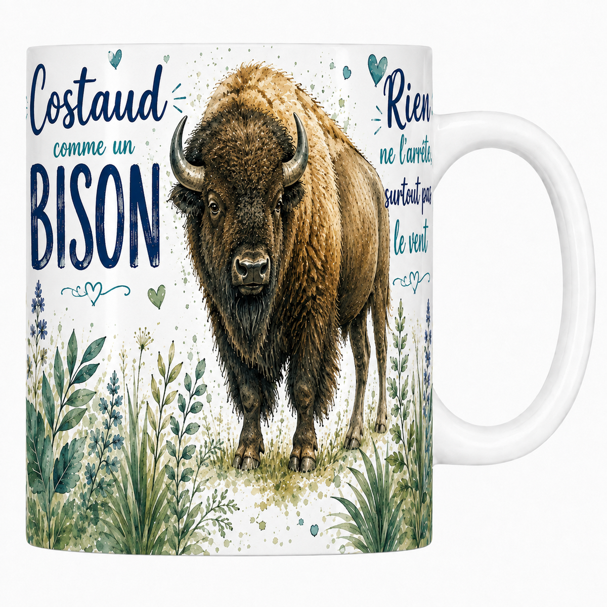 Mug céramique 330 ml « Costaud comme un bison » : bison dans les herbes de la prairie