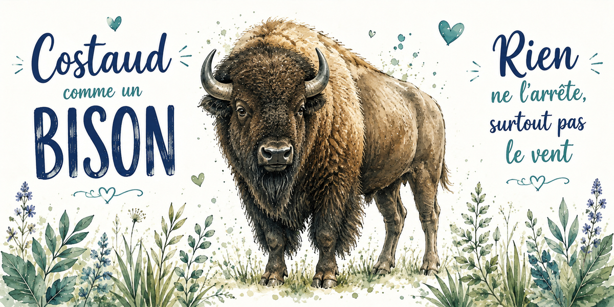Visuel « Costaud comme un bison, rien ne l'arrête, surtout pas le vent » : aquarelle d'un bison d'Amérique