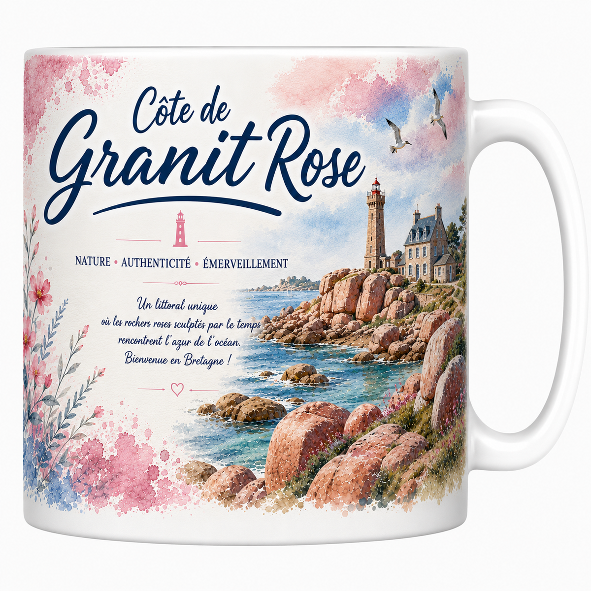 Mug céramique blanc Côte de Granit Rose « Nature, Authenticité, Émerveillement » : phare et rochers roses en aquarelle