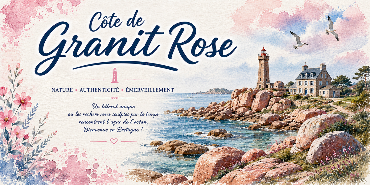 Design du mug Côte de Granit Rose : phare de Ploumanac'h, rochers roses et citation « Bienvenue en Bretagne ! »