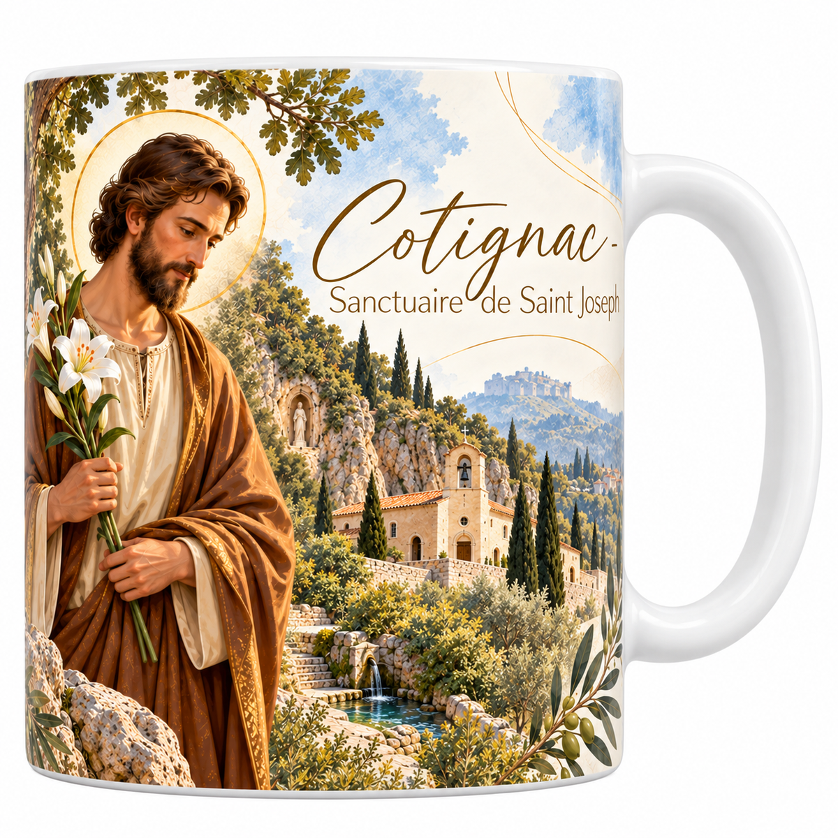 Mug céramique blanche 330 ml illustré de Cotignac à l'aquarelle, saint Joseph en tunique brune tenant un bouquet de lys blancs, le sanctuaire de pierre et son clocher blottis dans la pente, les cyprès et les oliviers, des feuillages et le titre Cotignac - Sanctuaire de Saint Joseph en lettres dorées