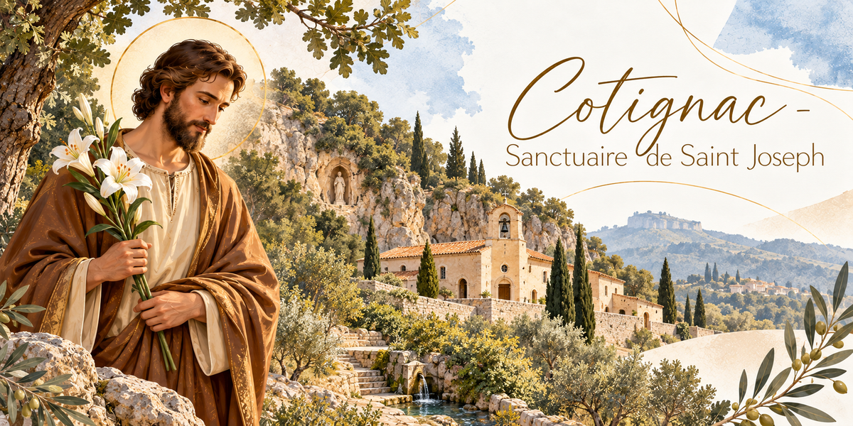 Visuel aquarellé du sanctuaire de Cotignac, saint Joseph barbu en tunique brune et manteau ocre debout sous un arbre à gauche, un bouquet de lys blancs à la main, le sanctuaire de pierre claire et son clocher blottis contre la pente à droite, une grotte ouverte dans la falaise et des escaliers de pierre, les cyprès et les oliviers de la colline, les hauteurs du Var à l'horizon, des feuillages en bordure et le titre Cotignac - Sanctuaire de Saint Joseph en lettres dorées