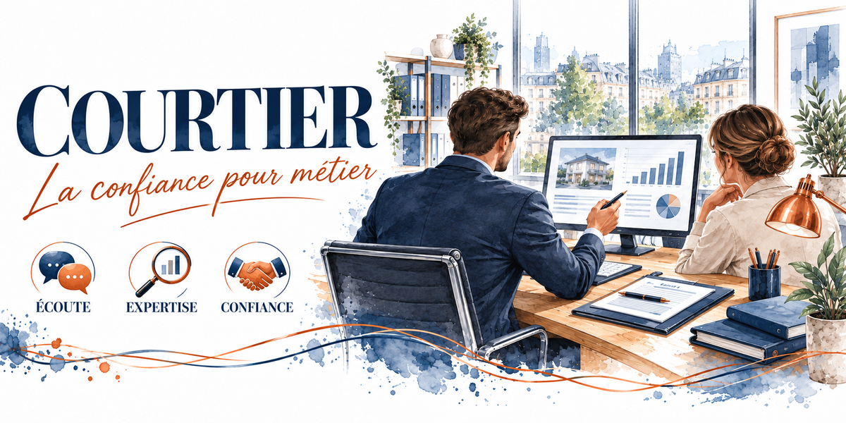 Aquarelle courtier : le mot COURTIER en capitales bleu marine et la mention manuscrite orange La Confiance pour Métier, un courtier en veste bleu marine assis de trois quarts dos à son bureau, une cliente assise en face, grand écran affichant une maison, un diagramme circulaire et des histogrammes, parapheur et pot à crayons, livres bleus empilés, plantes et lampe cuivrée, baies vitrées sur Paris, trois pastilles — écoute, expertise, confiance
