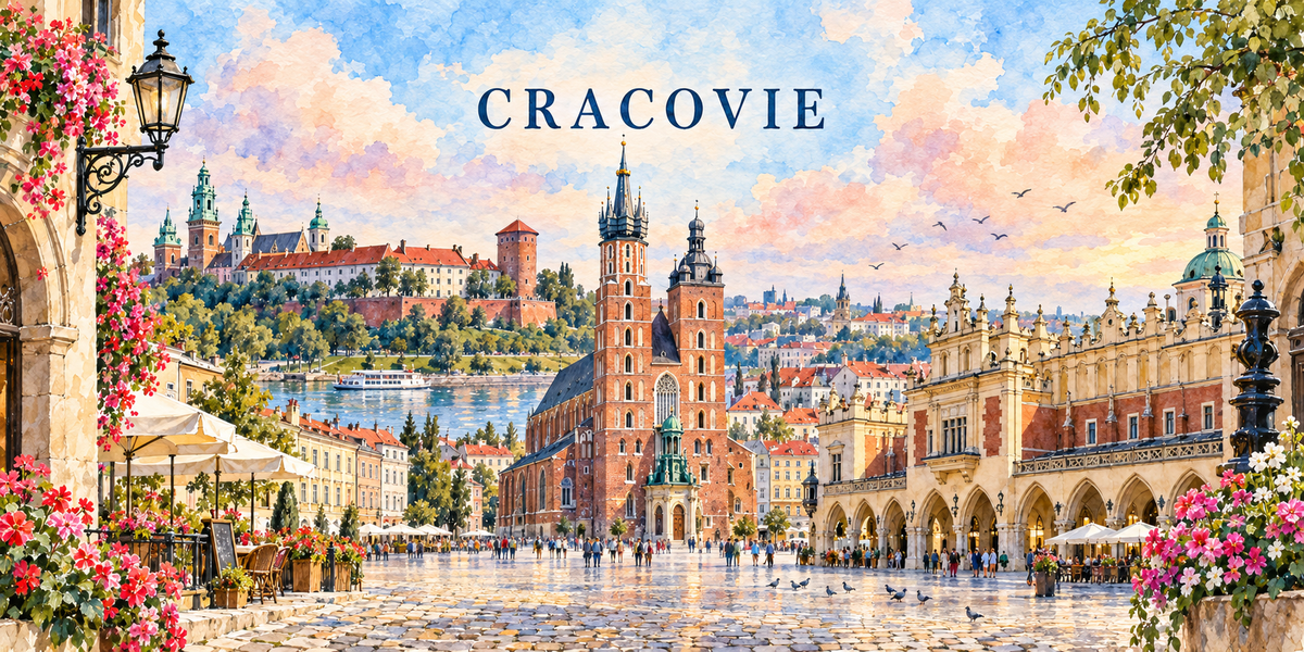 Illustration aquarelle de Cracovie : la grande place et ses pigeons, les terrasses, les deux tours inégales de Sainte-Marie, les arcades de la Halle aux draps et le château du Wawel