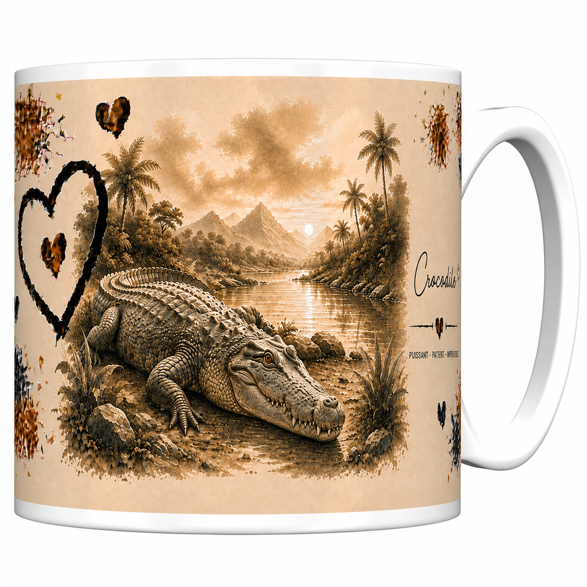 Mug céramique blanc Crocodile « Puissant, patient, imprévisible » : crocodile au bord de la rivière, grand cœur