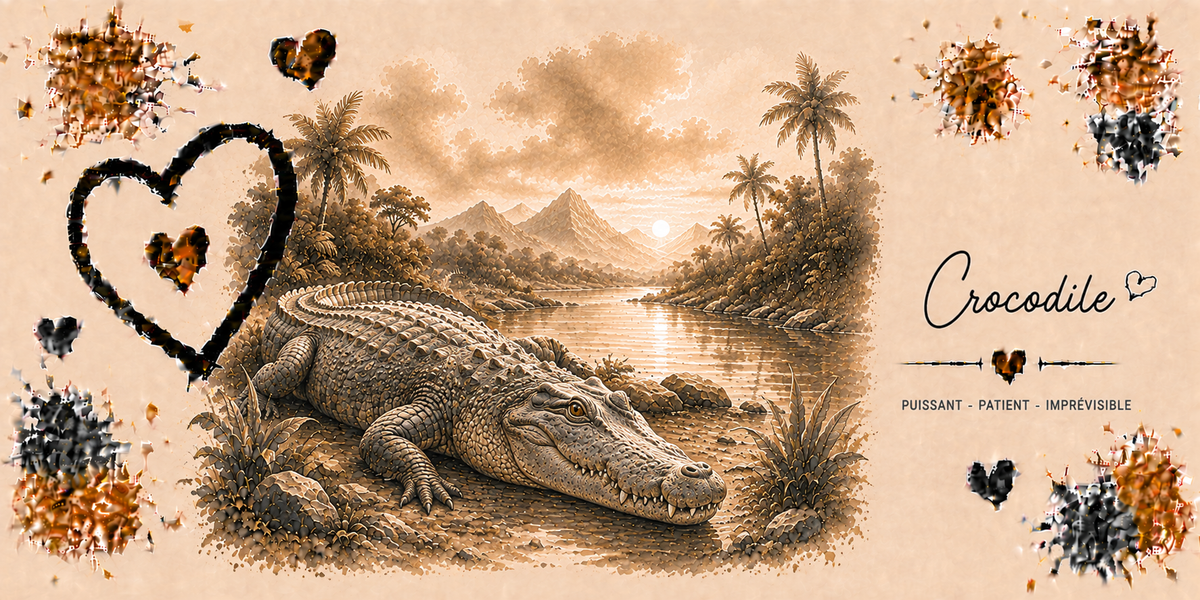 Design du mug Crocodile : crocodile allongé sur la berge, gravure sépia, cœur noir esquissé et éclats dorés