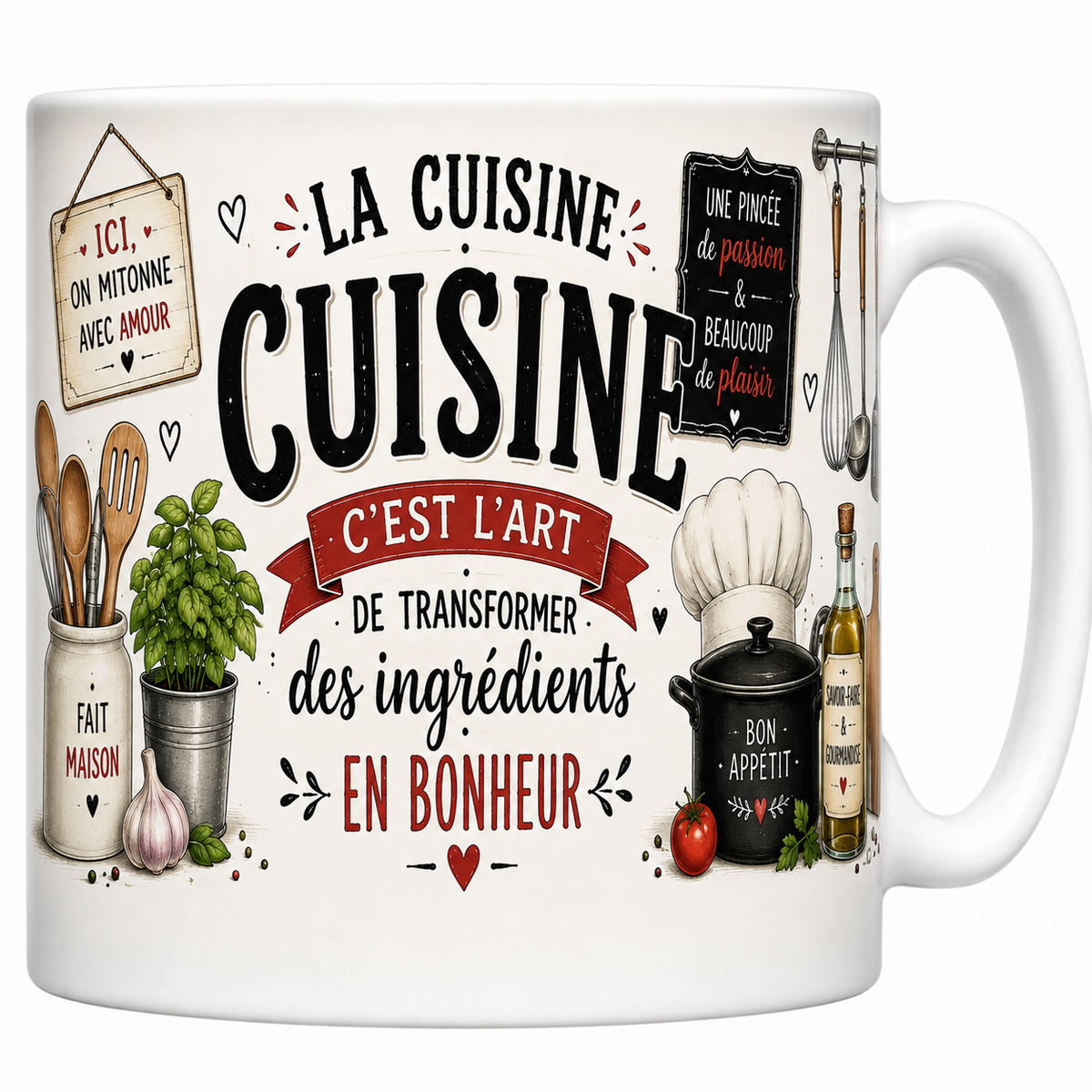 Mug céramique 330 ml « La cuisine c'est l'art de transformer des ingrédients en bonheur » ustensiles