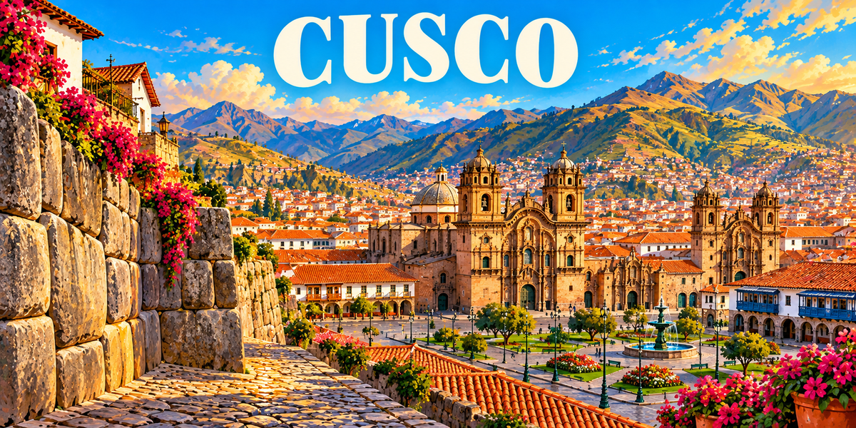 Illustration affiche vintage Cusco : Plaza de Armas, cathédrale et église de la Compañía, murs incas polygonaux, toits de tuiles et cordillère des Andes