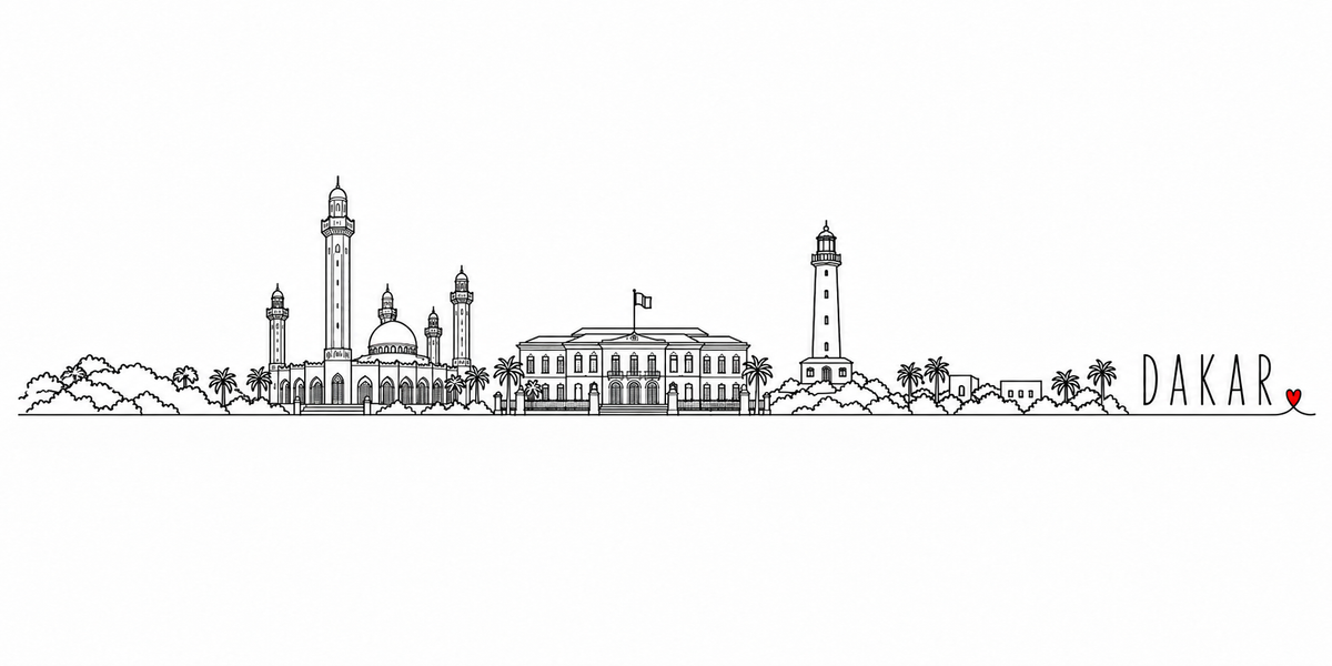 Skyline de Dakar dessiné au trait noir continu, de gauche à droite : les arbres et les palmiers, le minaret et les coupoles de la grande mosquée, la façade à colonnade du palais présidentiel et son drapeau, le phare des Mamelles sur son mamelon, les palmiers et les maisons basses — avec le nom DAKAR en capitales espacées et un petit cœur rouge