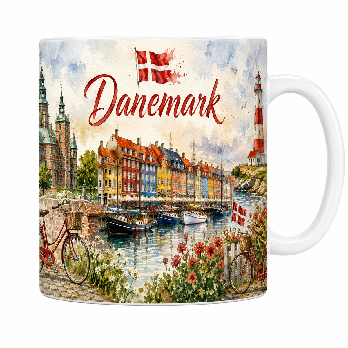 Mug céramique 330 ml Danemark aquarelle : quais colorés de Nyhavn, Rosenborg et phare rayé
