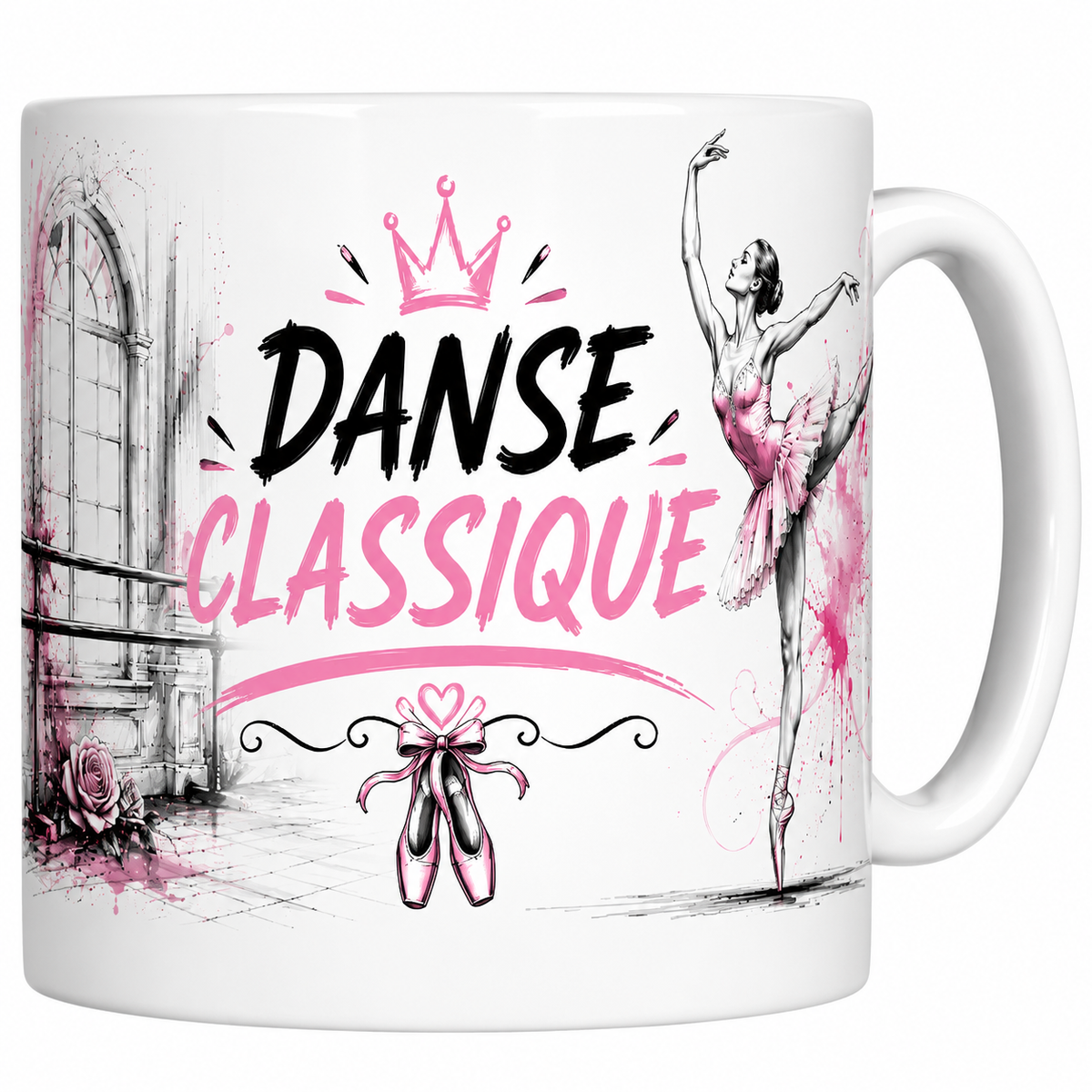 Mug Danse classique en céramique blanche, ballerine en arabesque et chaussons rubannés