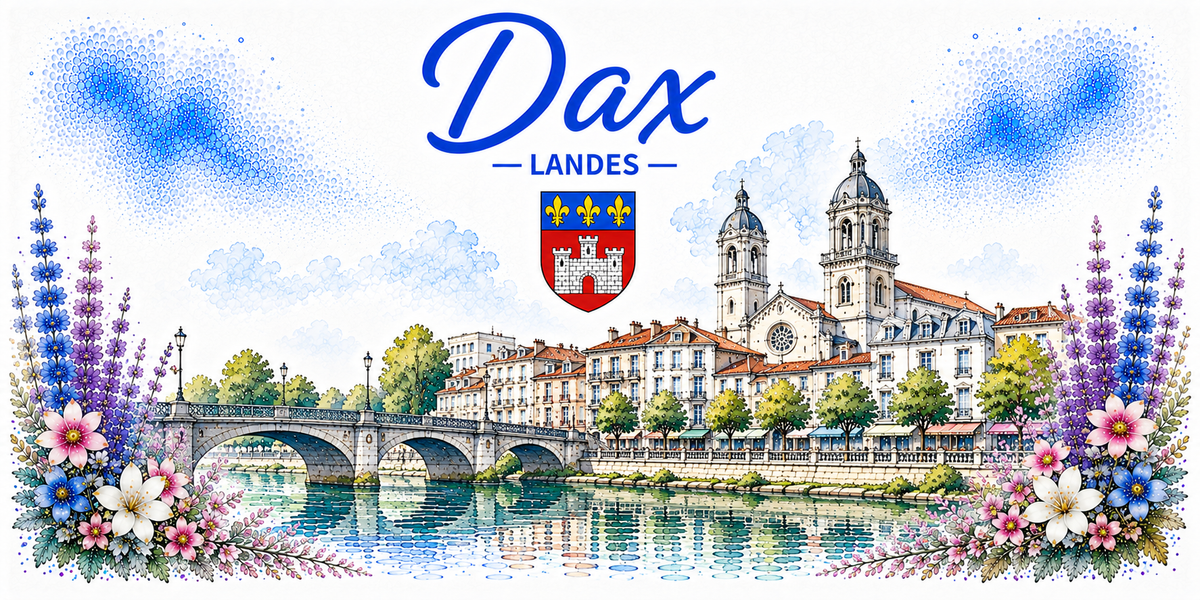 Design du mug Dax : bandeau Landes et blason, cathédrale Notre-Dame, pont sur l'Adour, lavande et fleurs en aquarelle