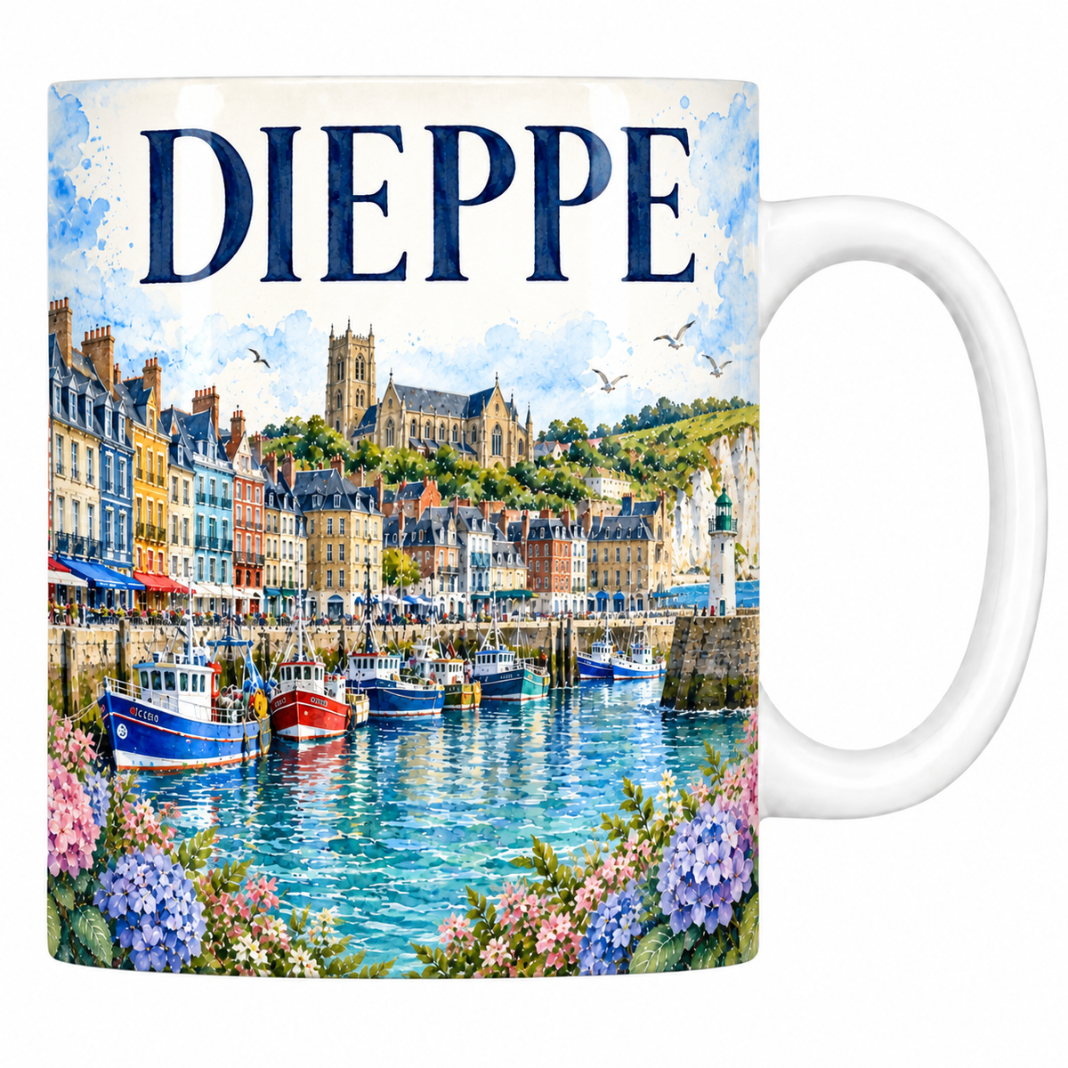 Mug céramique 330 ml Dieppe : le quai Henri IV et les falaises en aquarelle