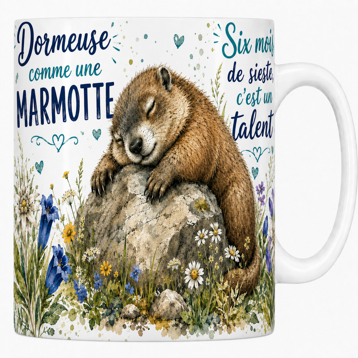 Mug céramique blanc « Dormeuse comme une marmotte », marmotte endormie et gentianes à l'aquarelle