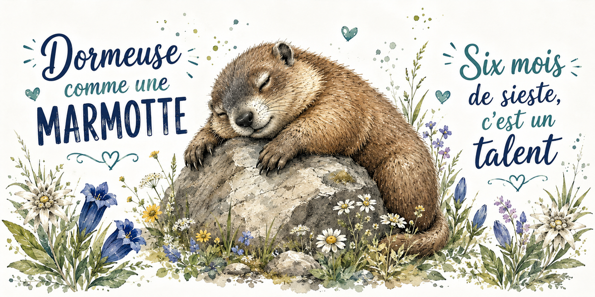 Marmotte endormie sur un rocher à l'aquarelle : « Dormeuse. Six mois de sieste, c'est un talent »
