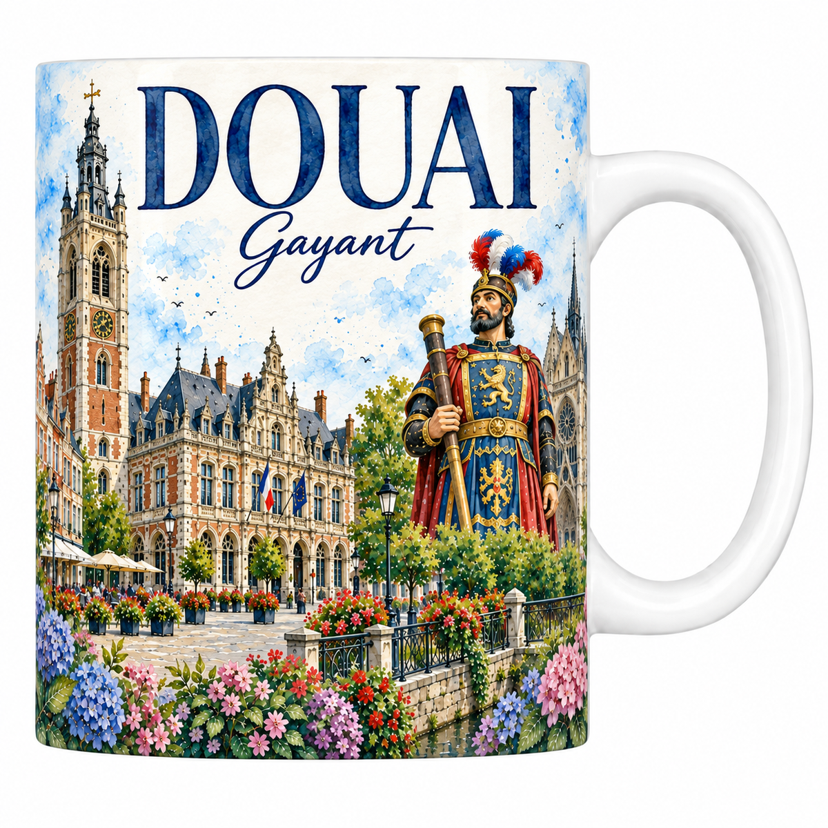 Mug céramique 330 ml Douai : le beffroi et le géant Gayant en aquarelle